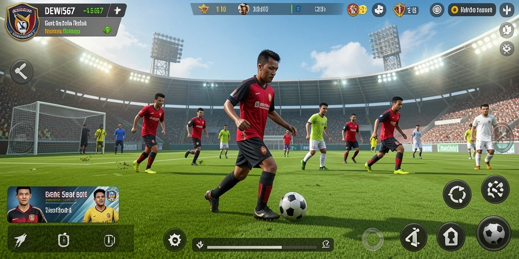 Tampilan gameplay DEWI567 dengan aksi sepak bola yang mendebarkan.