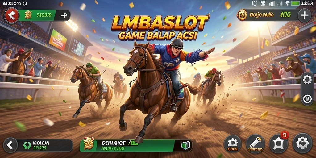 Tangkapan layar gameplay LMBASLOT menampilkan aksi balapan yang mendebarkan.