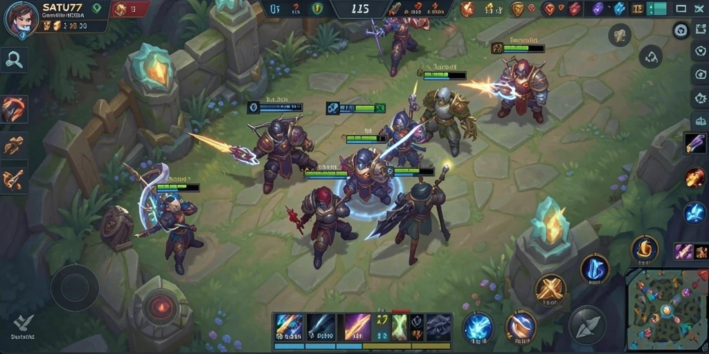 Screenshot menampilkan karakter bertarung di arena MOBA yang epik.